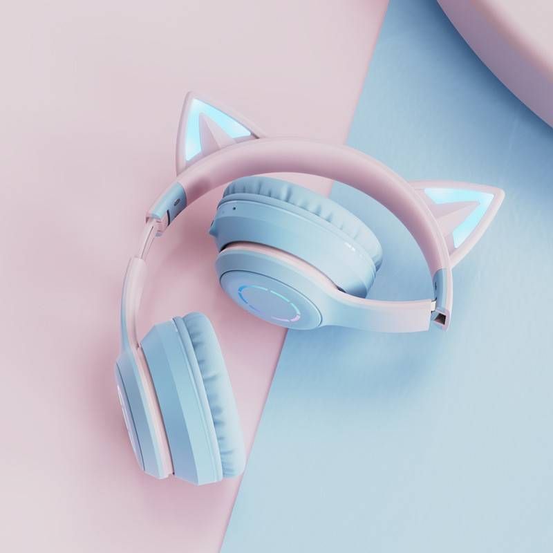 Casque de jeu sans fil à LED avec microphone, casque Bluetooth à dégradé de couleurs, oreilles lumineuses, haut-parleurs de 40 mm_voghion.com
