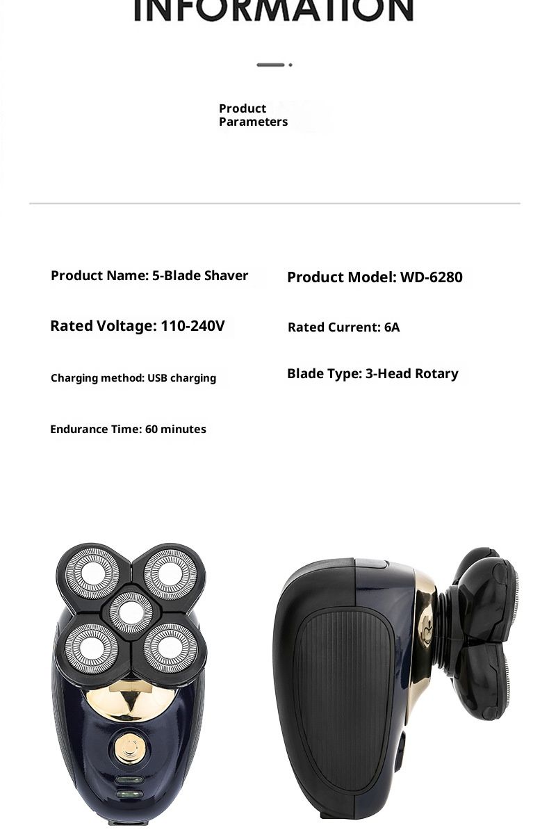 5-in-1 Electric Shaver – Floating Blades, IPX7 Waterproof, Dual Charging (USB/Power Adapter), 60+ Min Runtime, Gold Finish_voghion.com