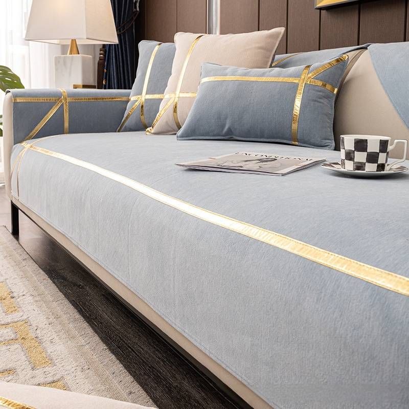Luxury Chenille Sofa Cover Set With Cloud Gold Trim – Anti-Scratch, All-Season Fabric Protector For Sectional Couches_voghion.com