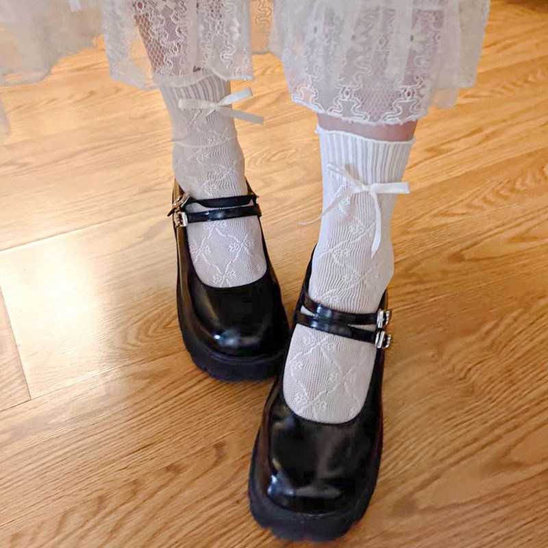 White Lace Trim Socks For Women, Summer Thin Bowknot Slouch Ballet Style Long Tube Socks, Matching With Mary Jane Shoes_voghion.com