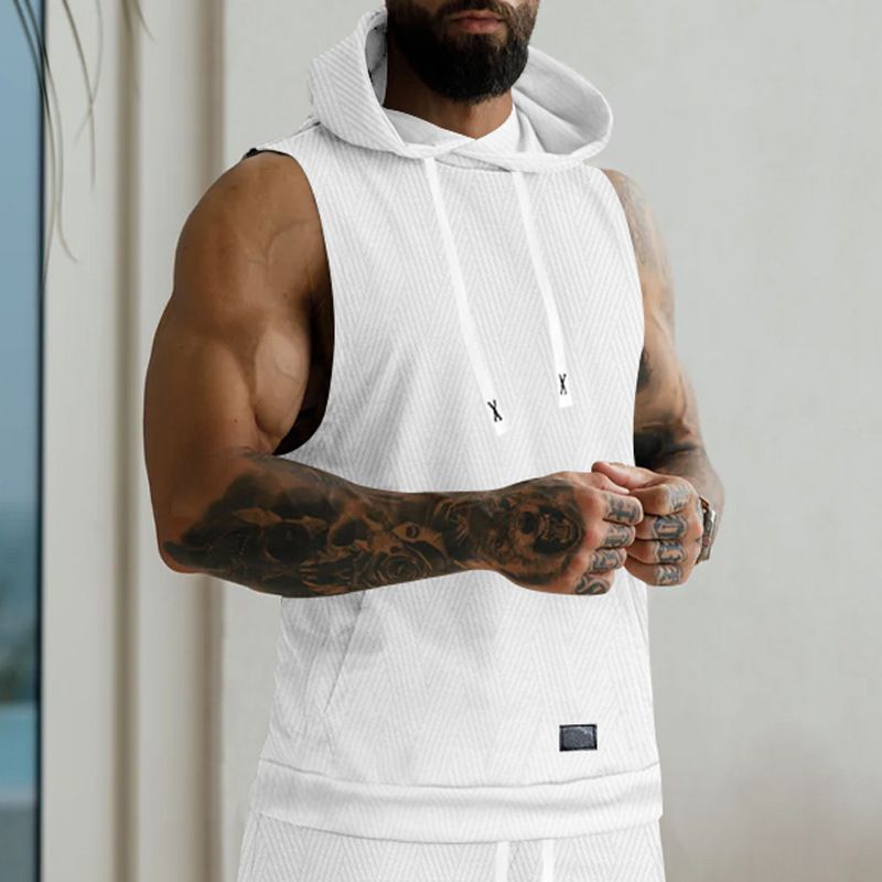 Felpa con cappuccio in maglia jacquard casual da uomo, senza maniche, con tasca applicata e coulisse_voghion.com