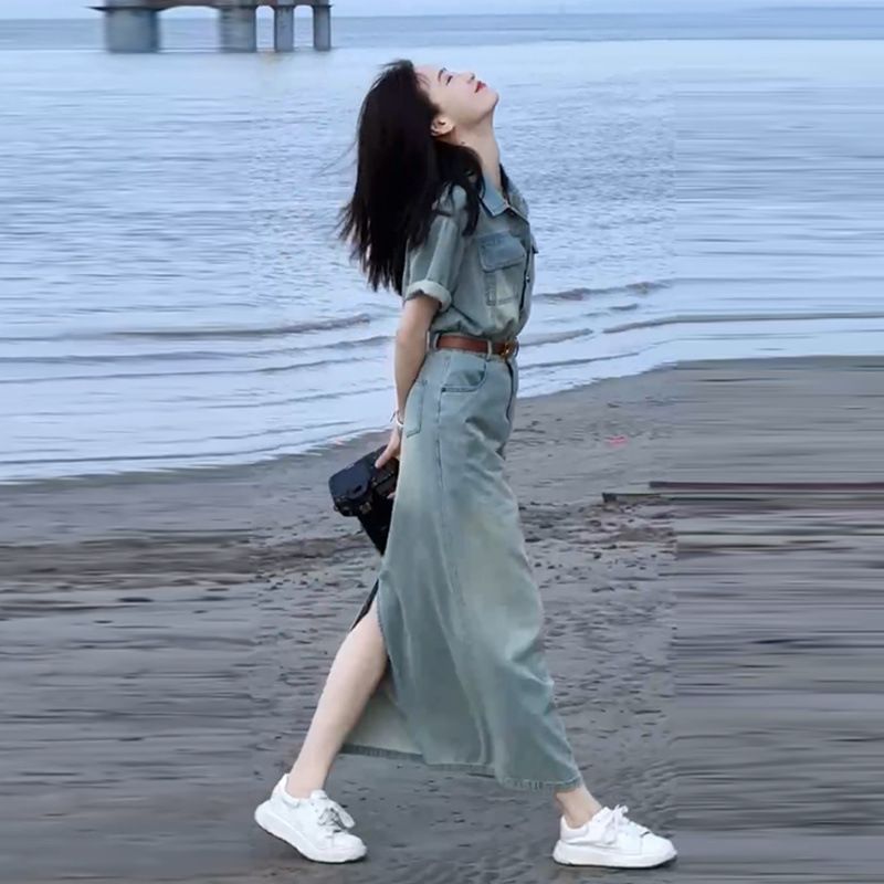 Abito lungo in denim da donna, estate 2025, nuovo, di alta qualità, in stile Hong Kong._voghion.com
