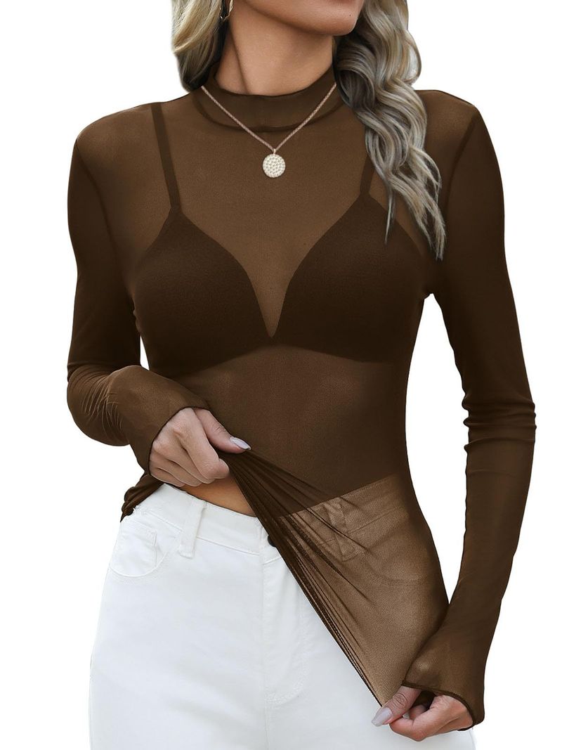 Women's Clothing Half High Neck Perspective Long Sleeved T Shirt Sexy Mesh Top_voghion.com