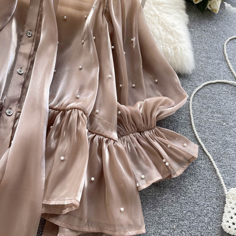 Women's High-end Niche Design Beaded Bow Bell Sleeve Autumn Women's Ladylike Shirt_voghion.com
