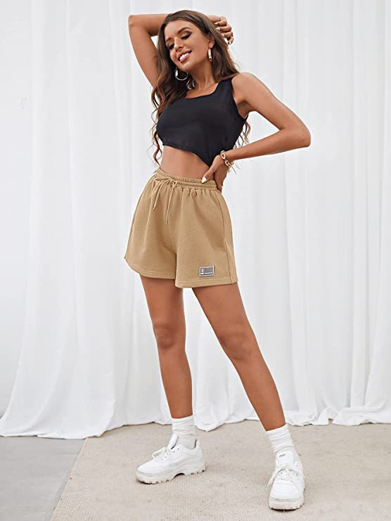 Abbigliamento da donna Pantaloncini larghi casual legati in maglia sportiva in tinta unita_voghion.com