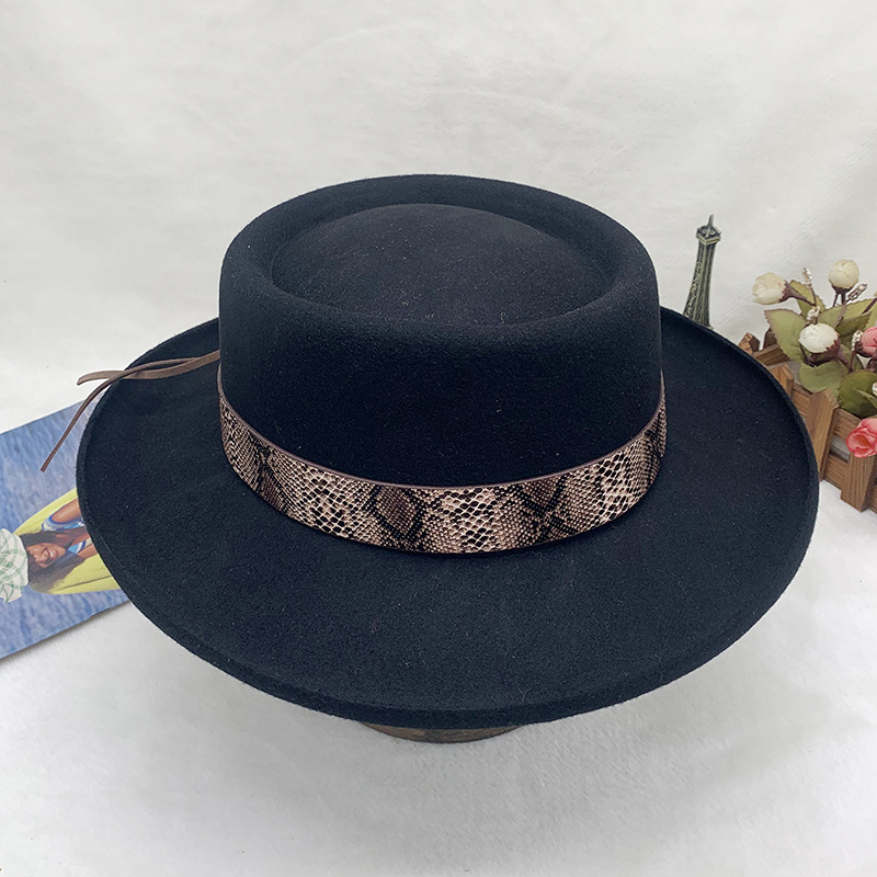 chapeau haut de forme à large nœud en feutre de laine simple vintage Chapeau de jazz noir_voghion.com