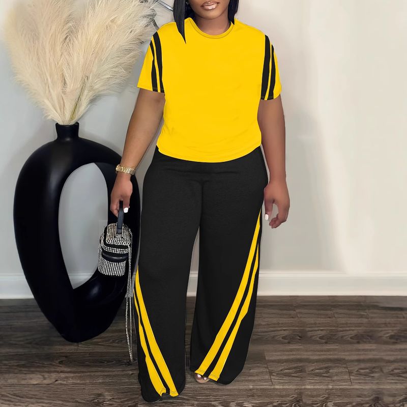 Abbigliamento da donna, taglie grandi, top e pantaloni a due pezzi con scollo rotondo e maniche corte, a righe e stampati_voghion.com
