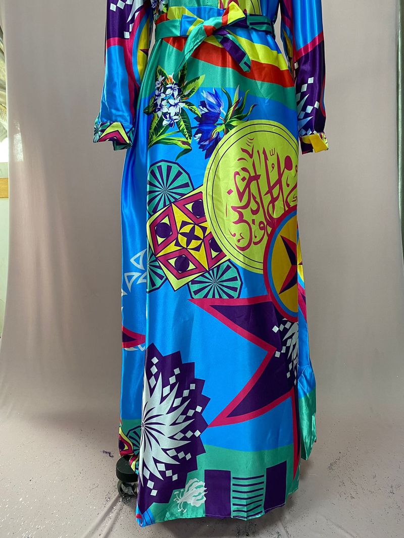 2025 Winter Plus Size Digital Printed Contrasting Dress, Large Swing Long Skirt With Belt Included_voghion.com