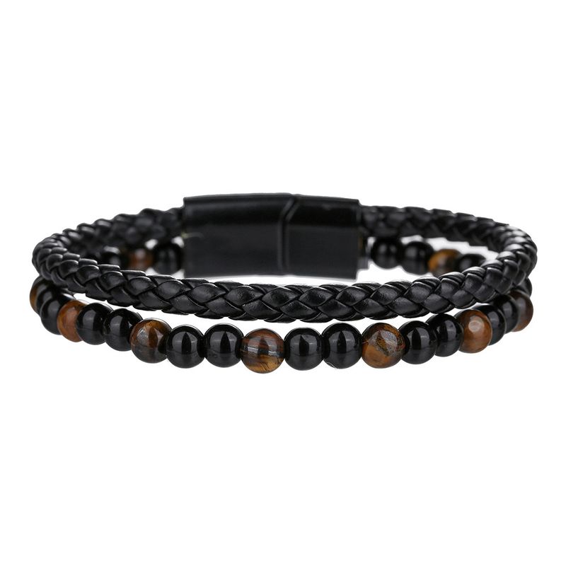 Pulsera versátil de hip hop para hombre con hebilla magnética de cuero de doble capa y cuentas de piedra volcánica de ojo de tigre natural._voghion.com