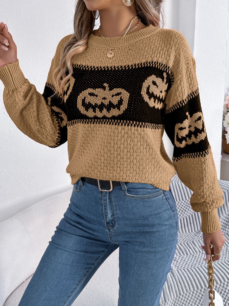 Herbst Winter Halloween Thema Kürbiskopf Farbblock Langarm Pullover Pullover Damenmode_voghion.com