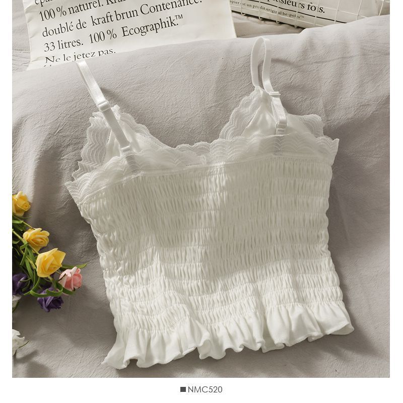 Canotta in pizzo plissettato francese primaverile ed estivo con cuscino da donna, indossata come base, bella schiena e petto avvolti_voghion.com