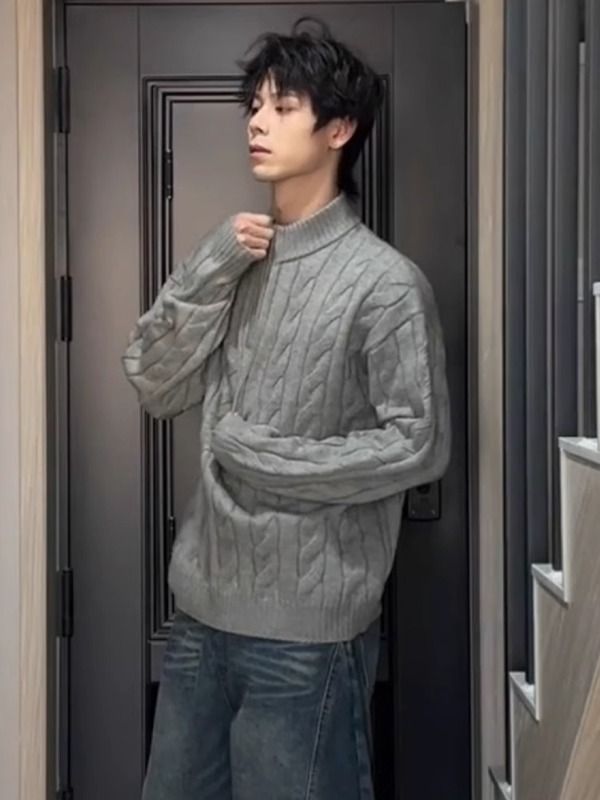Half-Zip-Strickpullover mit Zopfmuster – Wintertauglicher Pullover mit hohem Kragen für Herren mit altem Geld und entspannter Ästhetik_voghion.com