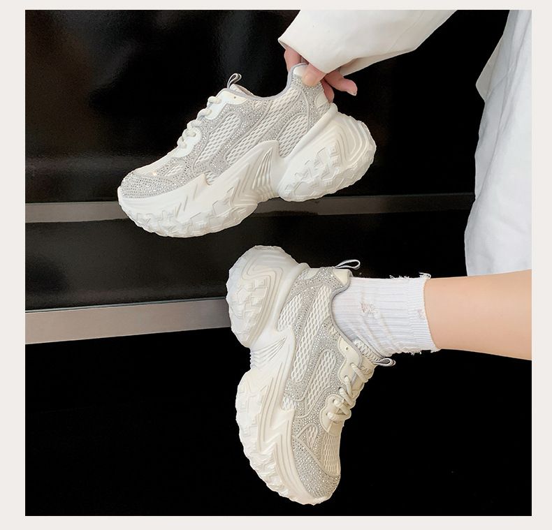 Autunno e inverno, nuove scarpe da ginnastica da donna traspiranti, casual, leggere e comode, con fondo spesso e strass in rete._voghion.com