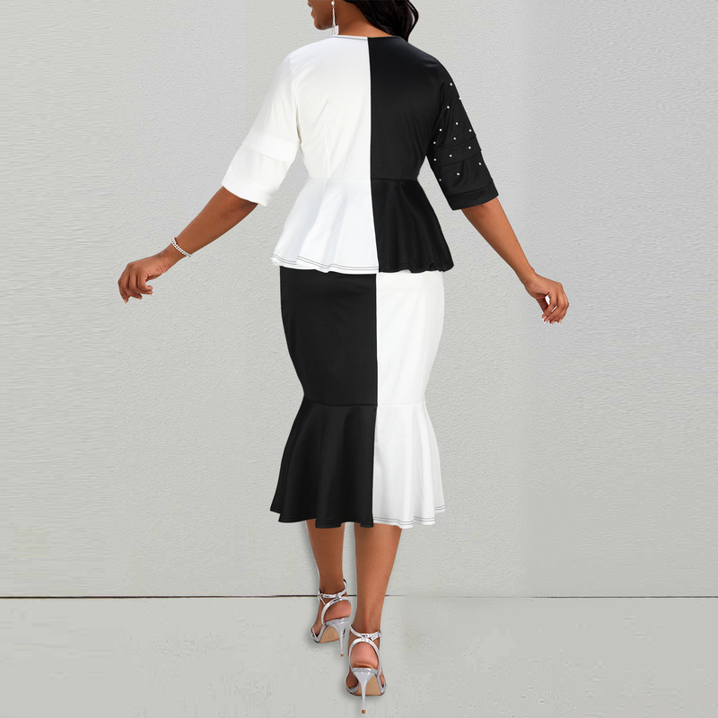black and white contrasting color stitching beaded top fishtail skirt plus size suit_voghion.com