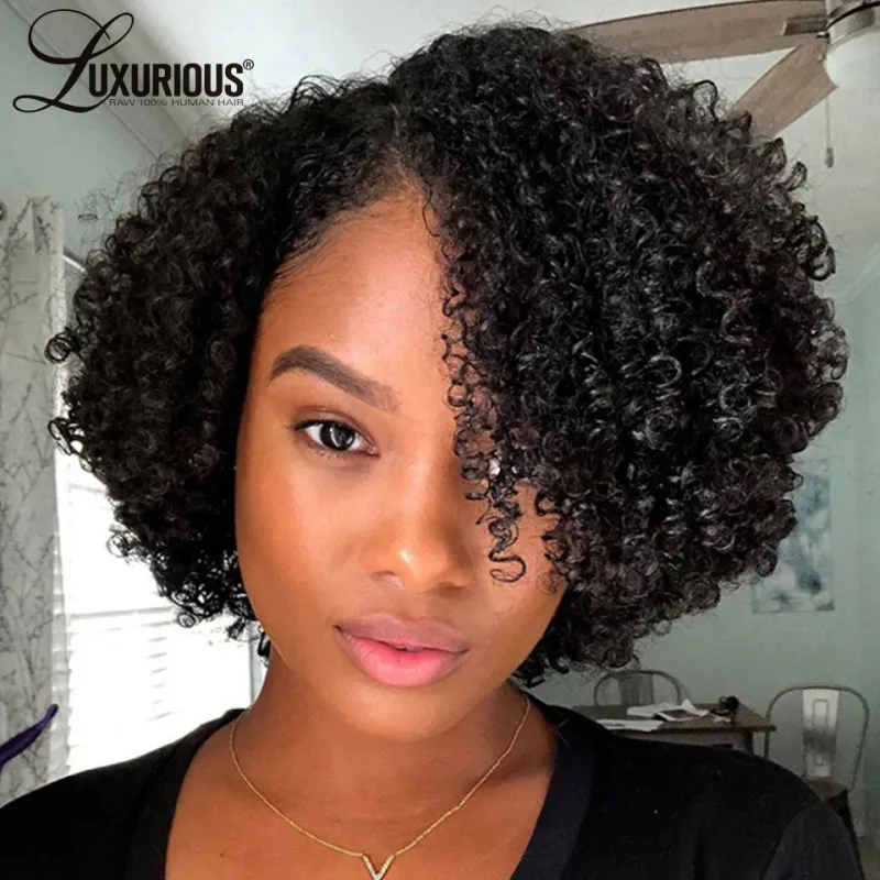 Brazilian Curly Human Hair Wigs With Bang Short Pixie Cut Bob Wig 150% Density_voghion.com