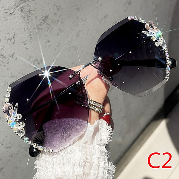 TGOGO Mode Vintage Randlose Strass Sonnenbrille Frauen Männer Retro Schneiden Objektiv Gradienten Sonnenbrille Weiblich UV400_voghion.com