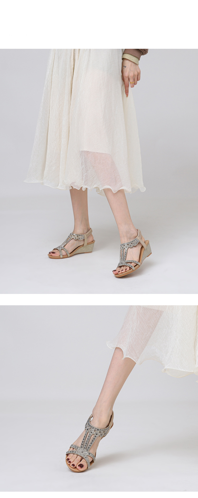 wedge heel rhinestone sandals for women fashion comfortable elastic band temperament Roman shoes_voghion.com