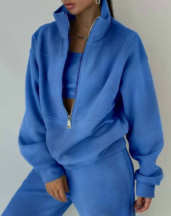 Conjunto de agasalho feminino de lã - Roupa esportiva casual de inverno (jogging e moletom com capuz)_voghion.com