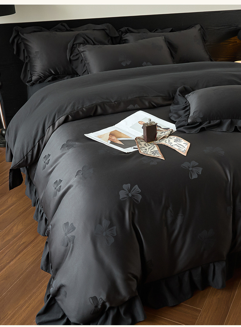 Set di biancheria da letto in cotone jacquard lavato - Set copripiumino 4 pezzi con ricami a fiocco e farfalla e lenzuolo con angoli, design taiwanese (misura matrimoniale, verde salvia)_voghion.com