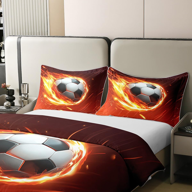 Fußball-Bettwäscheset, Doppel-Fußball-Bettbezug für Kinder, Jungen und Männer, Tor, Feuer, leuchtend rot, weiß, Bettbezug, weiche, bequeme Bettwäsche_voghion.com