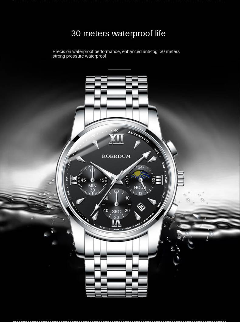 Serie ROERDUM Cool Play - Movimento al quarzo, bracciale in acciaio inossidabile, quadrante argento-nero, orologio da uomo casual ed elegante_voghion.com