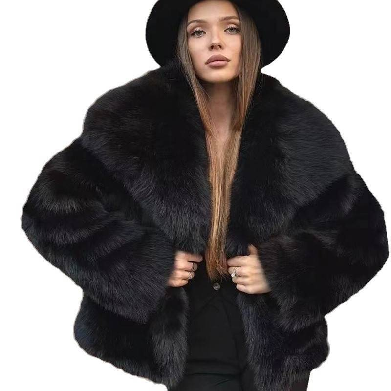 Instagram-berühmter Kunstpelzmantel für Damen – Übergroße, flauschige Fuchspelzjacke im Streetstyle mit Revers, vegane, ethische Mode (Premium Beige/Schwarz)_voghion.com