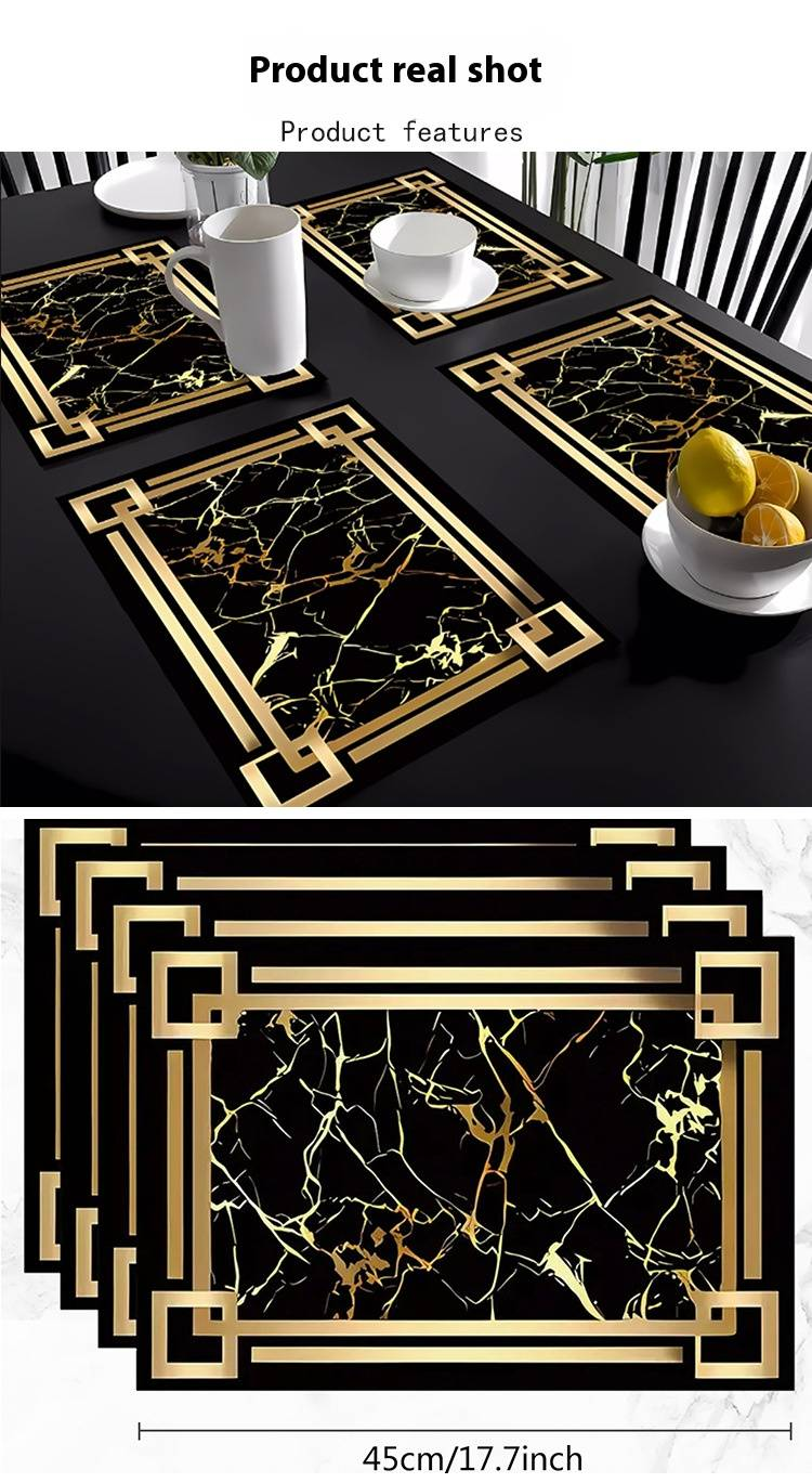 Modern PU Leather Placemats Set – Black Gold Marble & White Marble Design – Non-Slip Heat-Resistant Table Mats For Dining & Decor_voghion.com