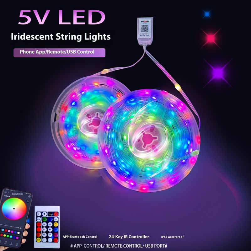 Guirnalda de luces LED RGB inteligentes: 5 V de bajo voltaje, control por Bluetooth y aplicación, 16 millones de colores, IP65 a prueba de agua, 10 LED/m, luces decorativas para interior y exterior._voghion.com