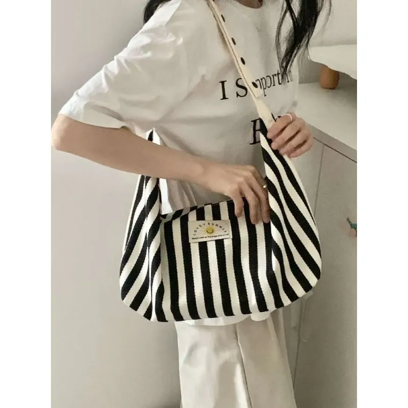 Yuxia | Capacity Striped Tote Women, Simple Fashion Shoulder For Class And Commute, Large Canvas Bag_voghion.com