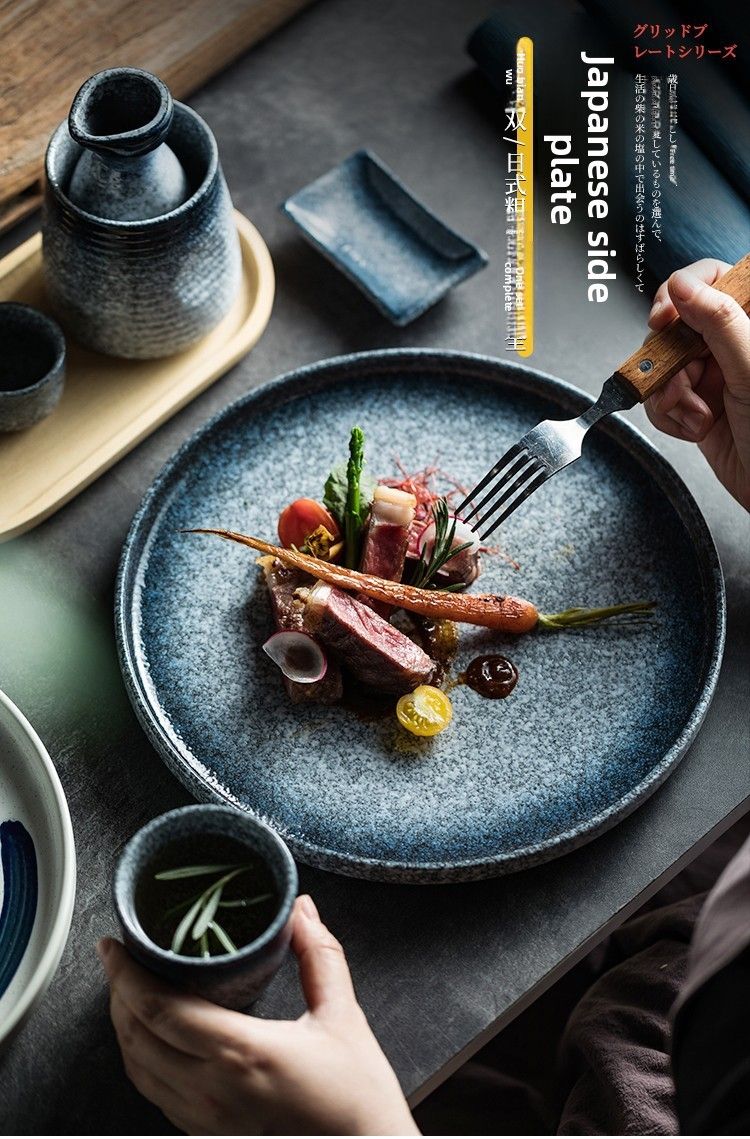 Assiette plate en céramique pour steak, style japonais, haut de gamme, usage commercial et domestique, couleur sous glaçure, pour dessert et poisson_voghion.com