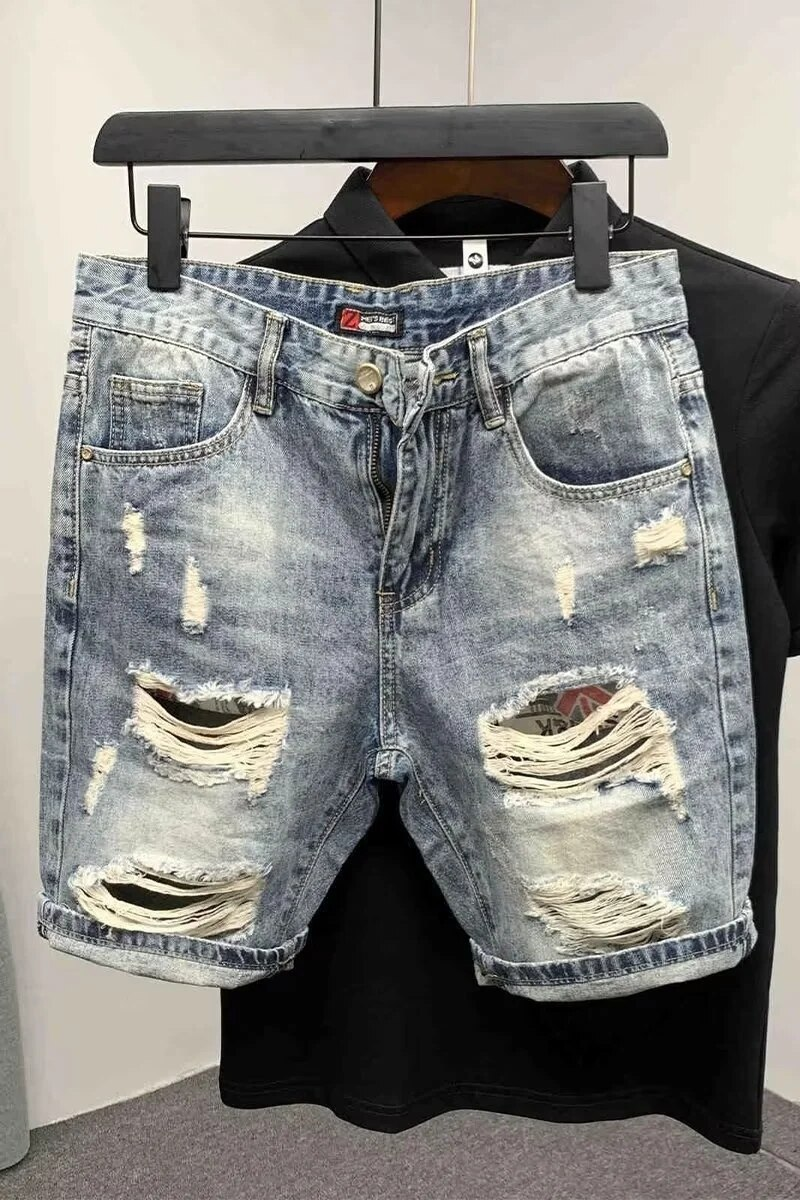 Men Straight Loose Korean Fashion Denim Short Pants Holes Summer Five Piece Jeans Shorts_voghion.com