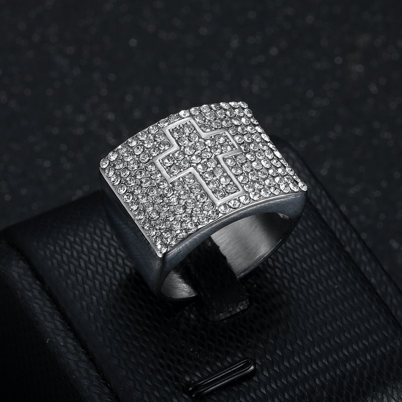 Neuer Herrenring aus 316er Edelstahl/Titanstahl, vergoldet, mit Diamanten besetzt, Kreuz, Hip-Hop_voghion.com
