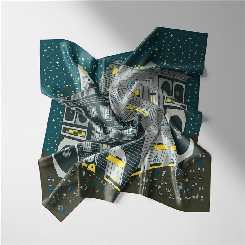 2024 Autumn/Winter New Building Printed Women's Small Square Fashion Simulation Silk Scarf_voghion.com