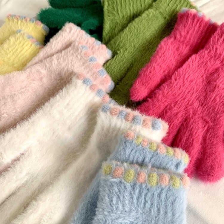 Kolorowe, damskie, zimowe rękawiczki Jelly Bean z polarową podszewką, ciepłe, bezpalcowe, pięciopalczaste, do ekranów dotykowych_voghion.com