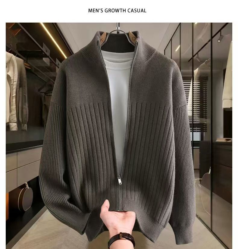 Men's Knit Cardigan Sweater With Stand Collar & Zipper - Solid & Striped Casual Pullover For Autumn & Winter_voghion.com