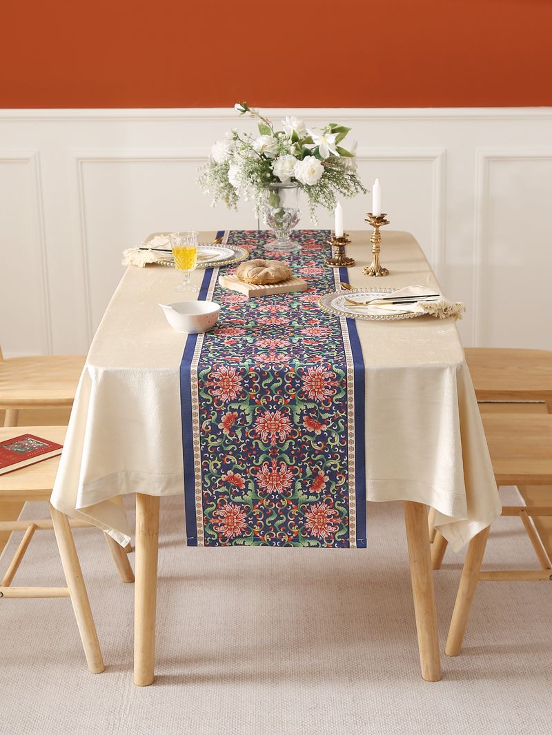 Modern Navy Floral Table Runner - Waterproof & Oil-Resistant, Elegant Home Dining Decor, Washable Polyester Fabric_voghion.com
