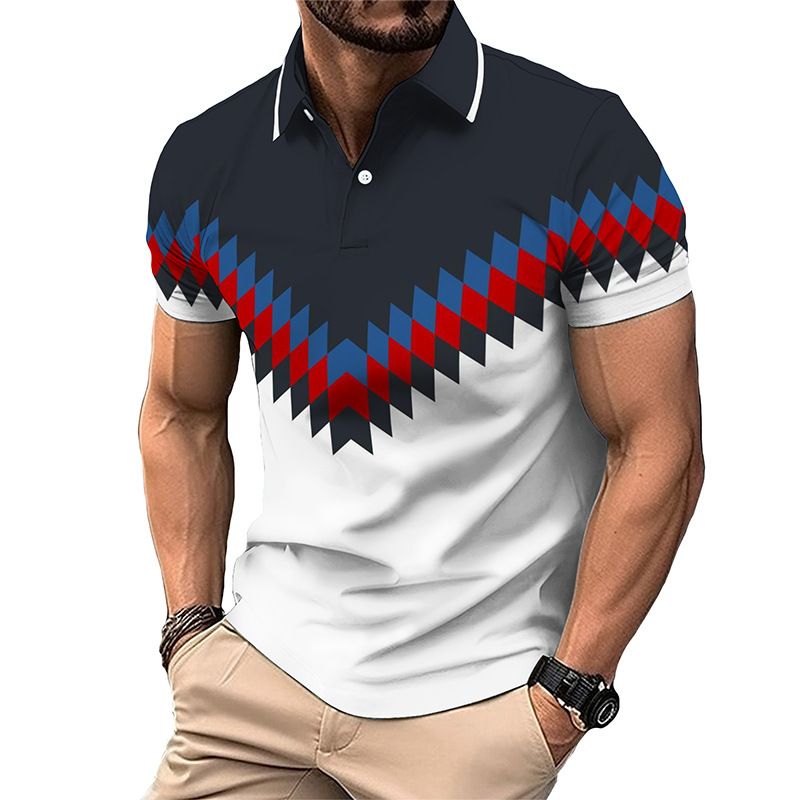 Neues Golf-Poloshirt mit Buchstaben-Aufdruck, einfarbig, 3D-Grafik, drei Knöpfe_voghion.com