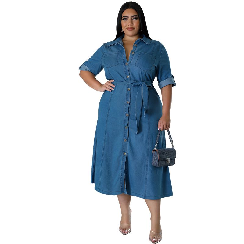 Women's Clothing Denim Lapel Long Sleeved Tie Down Mid Length Dress_voghion.com