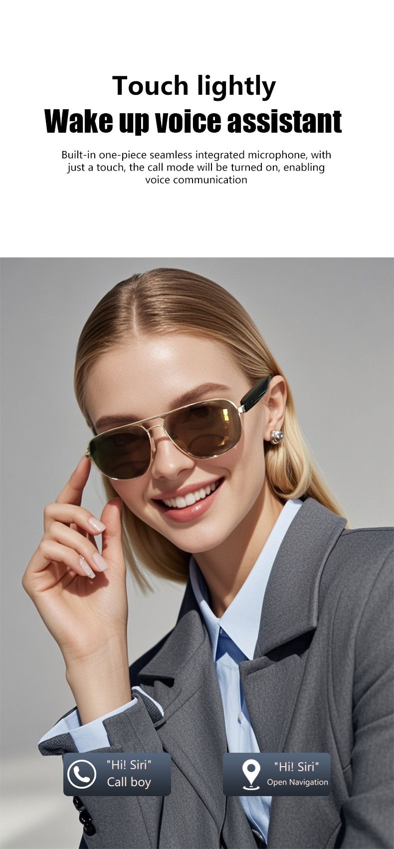GS02 Smart Bluetooth Audio Glasses With Magnetic Charging, Hands-Free Calls & Music, Classic Frame Sunglasses_voghion.com