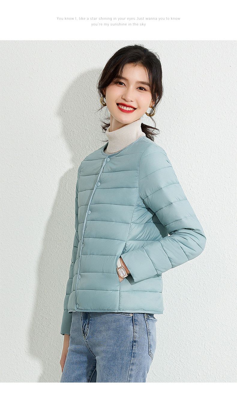 K Women's New Style Round Neck Cotton Padded Jacket, Slim Fit Base Layer, Solid Color Slimming Warm Short Lightweight Cotton Coat._voghion.com