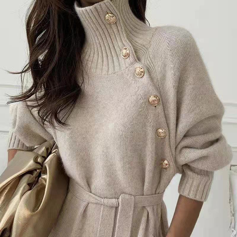 Damen-Pulloverkleid mit Rollkragen, über dem Knie, zweiteilig, Strickkleid mit Schnürung und Taille_voghion.com