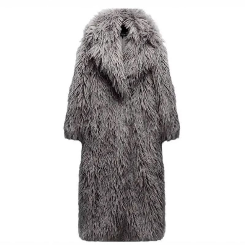 Abrigo largo de felpa para mujer, chaqueta cálida de invierno de piel sintética gris, elegante prenda exterior para ocasiones sociales de otoño e invierno._voghion.com