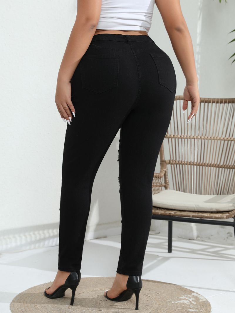 Women's Clothing Large Size Fashion Ripped Stretch Denim Skinny Pants Fat MM Pants_voghion.com