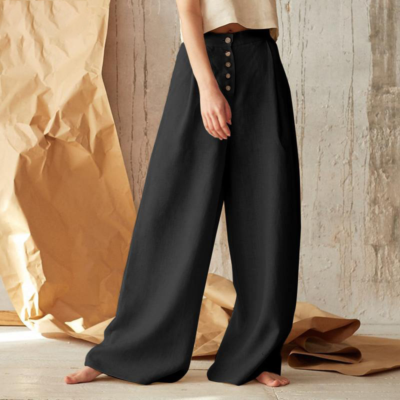 Pantaloni a gamba larga in cotone e lino con bottoni casual a vita alta tinta unita da donna_voghion.com
