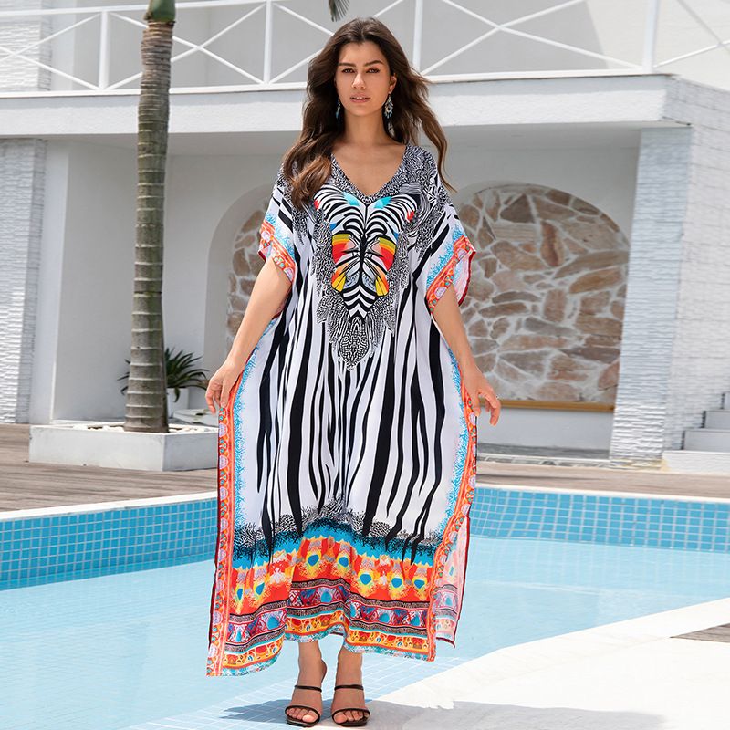 Robe de plage bohème – Jupe longue fluide en coton à imprimé exotique (taille unique, paon/papillon/zèbre/amour)_voghion.com
