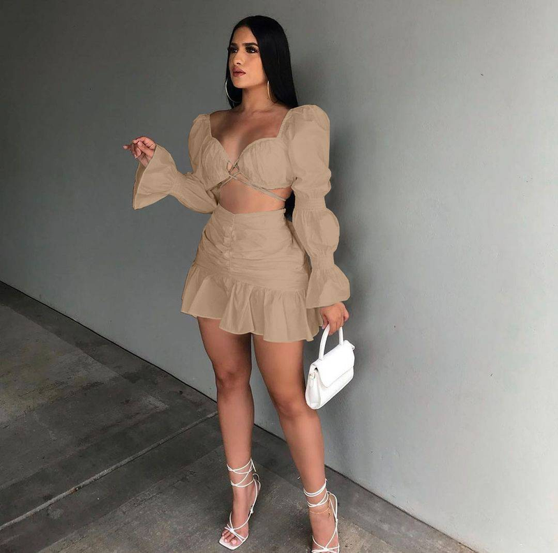 Ensemble 2 pièces sexy pour femme, tenue de festival, haut court à manches bouffantes et mini-jupe à volants, tenue de club, tenue de soirée assortie_voghion.com