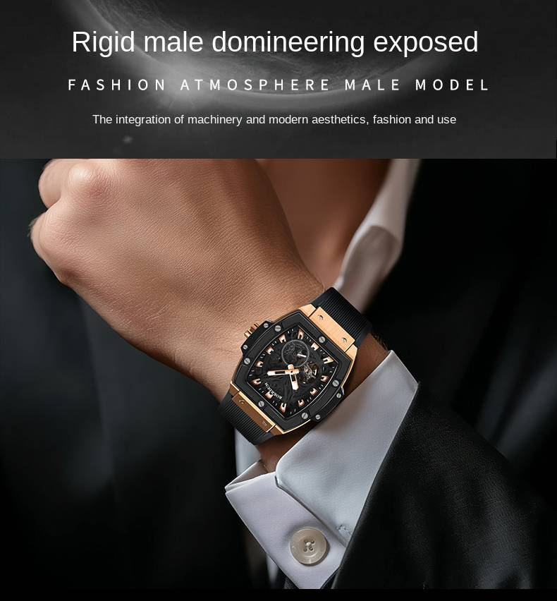ROERDUM Cyberpunk Series Double Skeleton Dial Silicone Strap Black Dial Casual Stylish Men's Mechanical Watch_voghion.com