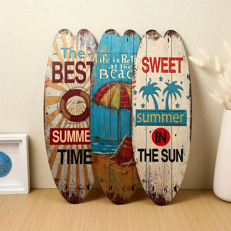 Vintage Surfboard Wall Decor 3 - Piece Set - Beach & Ocean Themed Wooden Signs For Coastal, Retro Home Decoration_voghion.com