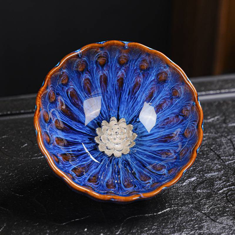Kiln - Changed Gold - Inlaid Lotus Tea Cup: Jianzhan - Style Ceramic Petal Bowl, Perfect For Kung Fu Tea Rituals_voghion.com