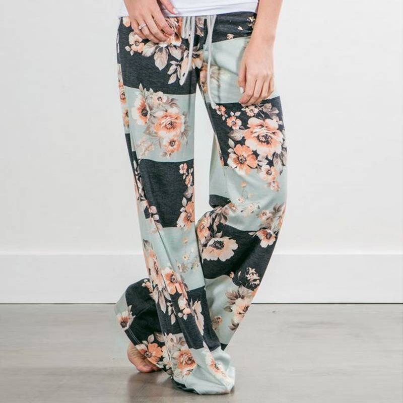 Plus Size Floral Print High Rise Drawstring Long Pants, Women's Plus Slight Stretch Loose Casual Pants_voghion.com
